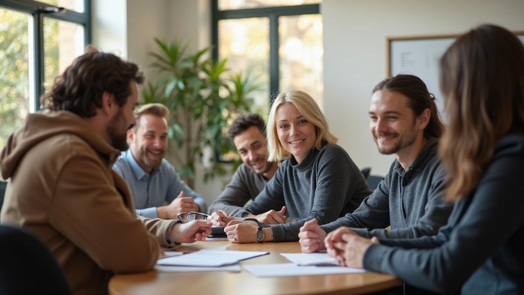 Diverse groep volwassenen zit aan tafel in klaslokaal, concentrerend op Nederlandse les, vriendelijke sfeer