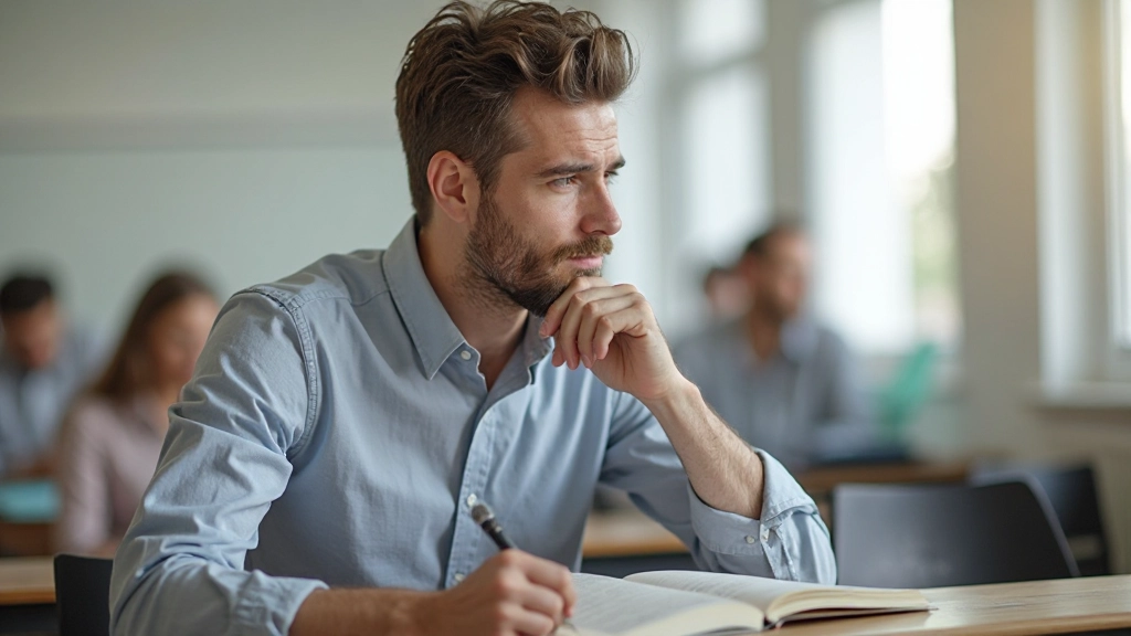 Multicultureel groepje zit in klaslokaal, concentrerend op les