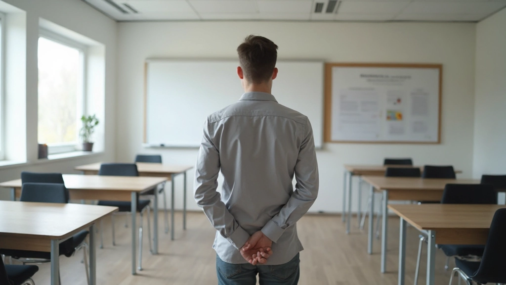 Moderne trainingsruimte met Nederlands leermateriaal en whiteboard, helder verlicht, geen mensen