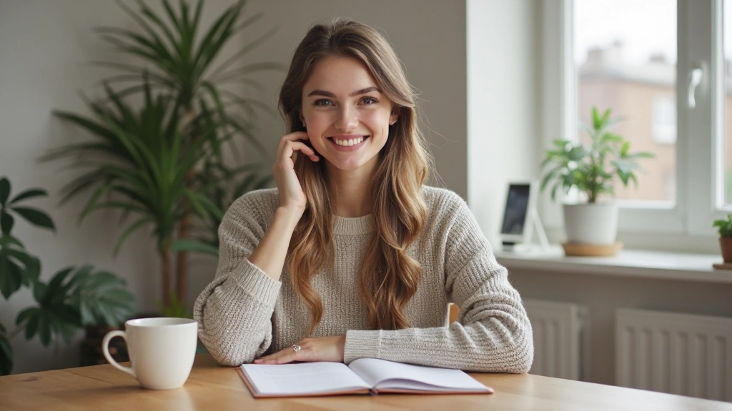 Jonge vrouw zit aan tafel met kopje koffie en notitieblok, Nederlands leermateriaal